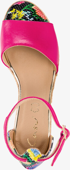 Fuksjowe sandały skórzane damskie espadryle na koturnie z zakrytą piętą pasek wokół kostki wzór wężowy PRODUKT POLSKI Casu 2556-204-922