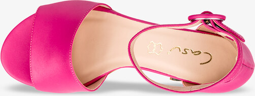 Fuksjowe sandały skórzane damskie na ozdobnym niskim obcasie z zakrytą piętą pasek wokół kostki PRODUKT POLSKI Casu 2143-159