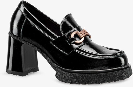 Czarne mokasyny skórzane damskie lakierowane na szerokim klocku ze złotą ozdobą PRODUKT POLSKI Casu 20177