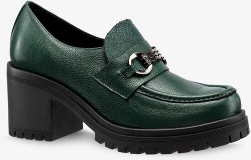 Zielone mokasyny skórzane damskie ze srebrną ozdobą na szerokim klocku PRODUKT POLSKI Casu 20175