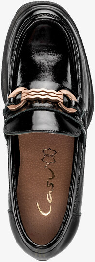 Czarne mokasyny skórzane damskie lakierowane na szerokim klocku ze złotą ozdobą PRODUKT POLSKI Casu 20177