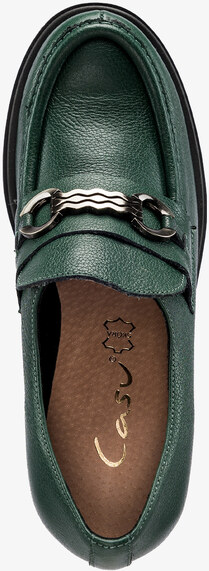 Zielone mokasyny skórzane damskie ze srebrną ozdobą na szerokim klocku PRODUKT POLSKI Casu 20175
