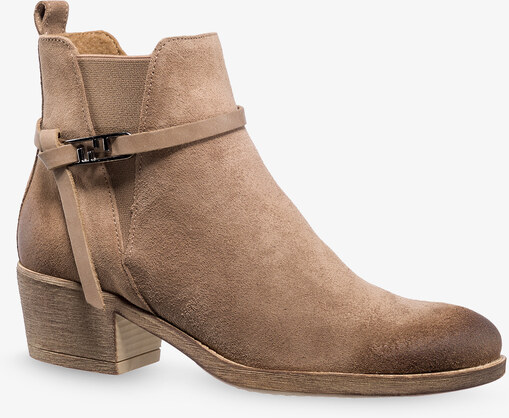 Beżowe botki skórzane damskie kowbojki na klocku z ozdobnym paskiem PRODUKT POLSKI Casu 60478