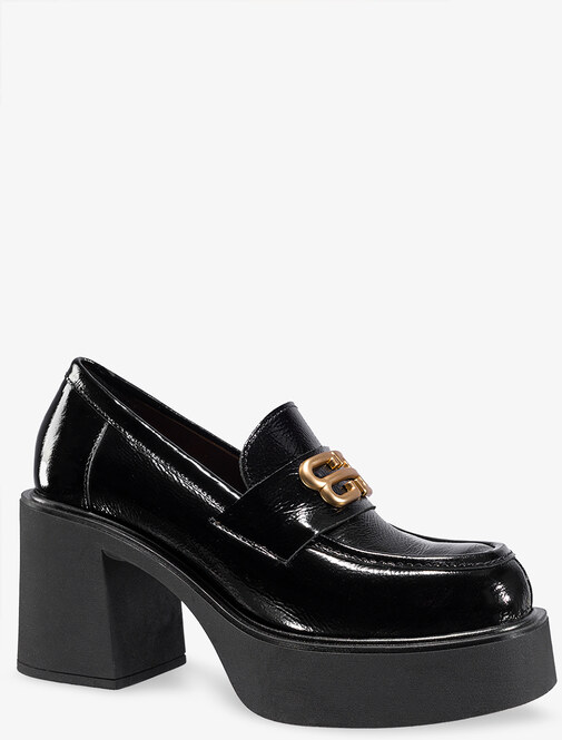 Czarne mokasyny skórzane damskie lakierowane na szerokim klocku złota ozdoba PRODUKT POLSKI Casu 20170-NO