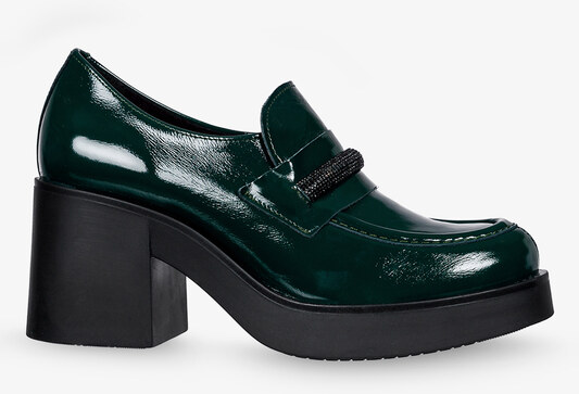 Zielone mokasyny skórzane lakierowane damskie na słupku z cyrkoniami PRODUKT POLSKI Casu 20157-NO