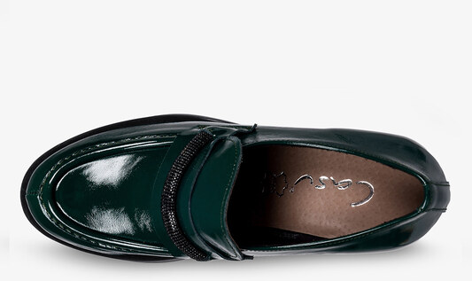 Zielone mokasyny skórzane lakierowane damskie na słupku z cyrkoniami PRODUKT POLSKI Casu 20157-NO