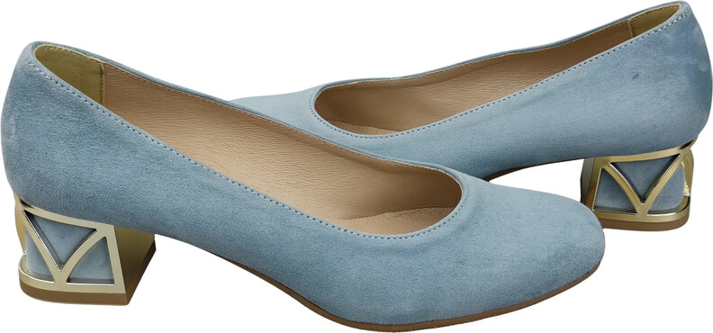Wygodne Obuwie Damskie Czółenka Jasny Błękit z Ozdobnym Obcasem Skóra naturalna Zamszowej 219 Z ElitaBut