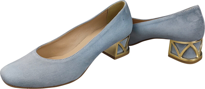 Wygodne Obuwie Damskie Czółenka Jasny Błękit z Ozdobnym Obcasem Skóra naturalna Zamszowej 219 Z ElitaBut