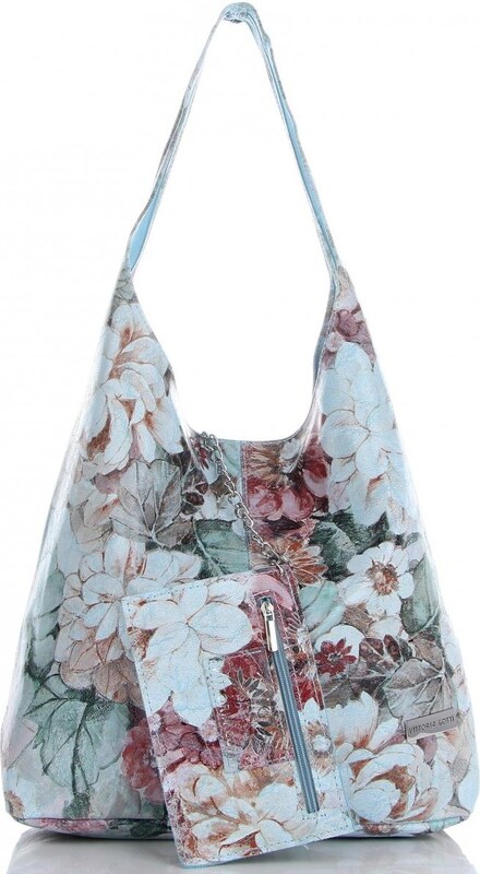 Torebka Skórzana firmy Vittoria Gotti Uniwersalny Włoski Shopper w modne wzory Kwiatów Błękitna