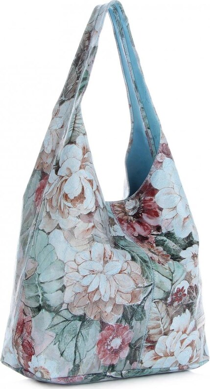 Torebka Skórzana firmy Vittoria Gotti Uniwersalny Włoski Shopper w modne wzory Kwiatów Błękitna