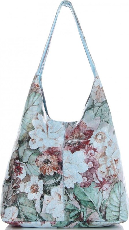 Torebka Skórzana firmy Vittoria Gotti Uniwersalny Włoski Shopper w modne wzory Kwiatów Błękitna
