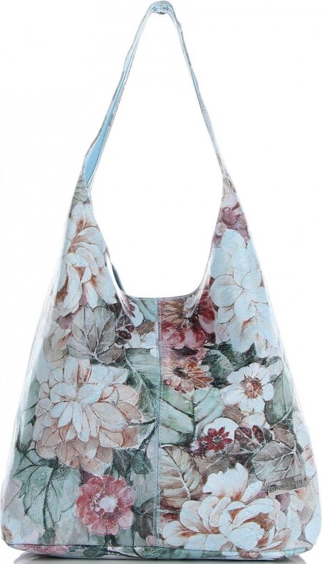 Torebka Skórzana firmy Vittoria Gotti Uniwersalny Włoski Shopper w modne wzory Kwiatów Błękitna
