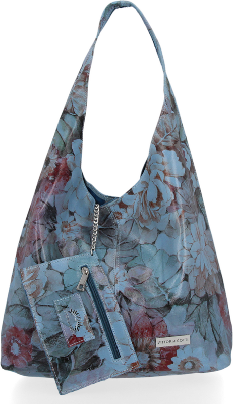 Torebka Skórzana firmy Vittoria Gotti Uniwersalny Włoski Shopper w modne wzory Kwiatów Jeans