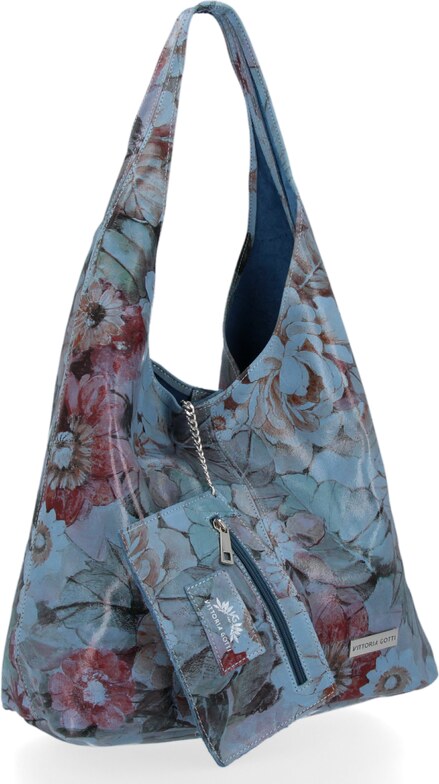 Torebka Skórzana firmy Vittoria Gotti Uniwersalny Włoski Shopper w modne wzory Kwiatów Jeans