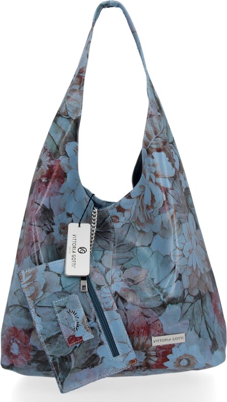Torebka Skórzana firmy Vittoria Gotti Uniwersalny Włoski Shopper w modne wzory Kwiatów Jeans