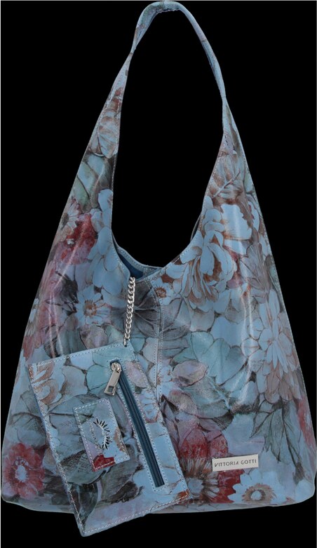 Torebka Skórzana firmy Vittoria Gotti Uniwersalny Włoski Shopper w modne wzory Kwiatów Jeans
