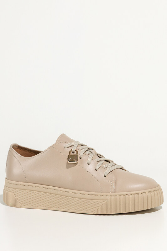 Beżowe sneakersy skórzane damskie buty sportowe na platformie z kłódką sznurowane PRODUKT POLSKI Casu 1145
