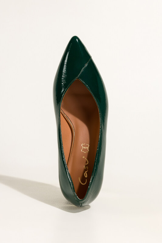 Zielone czółenka skórzane damskie lakierowane na szerokim ozdobnym obcasie PRODUKT POLSKI Casu 7979-371