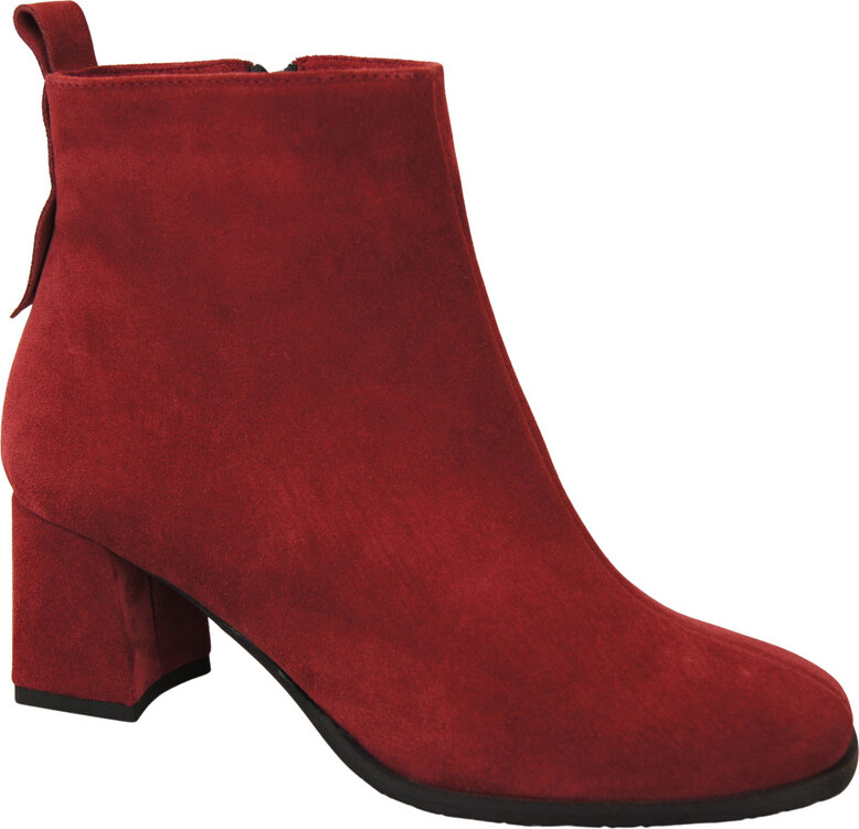 Botki Damskie Bordowe ze Skóry Naturalnej Welurowej na Stabilnym Słupku z Zamkiem 224 ElitaBut