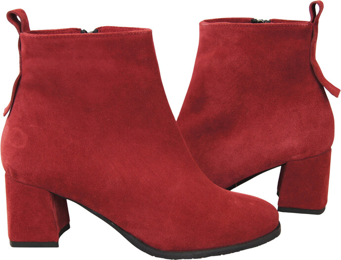 Botki Damskie Bordowe ze Skóry Naturalnej Welurowej na Stabilnym Słupku z Zamkiem 224 ElitaBut