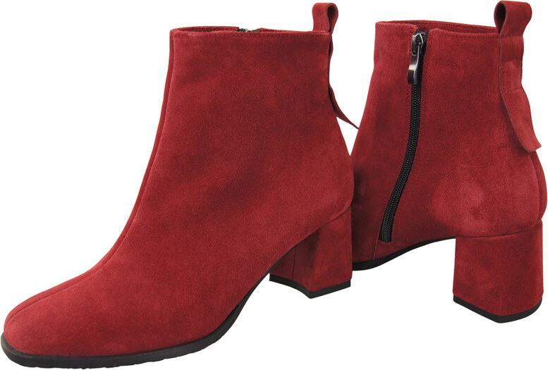 Botki Damskie Bordowe ze Skóry Naturalnej Welurowej na Stabilnym Słupku z Zamkiem 224 ElitaBut