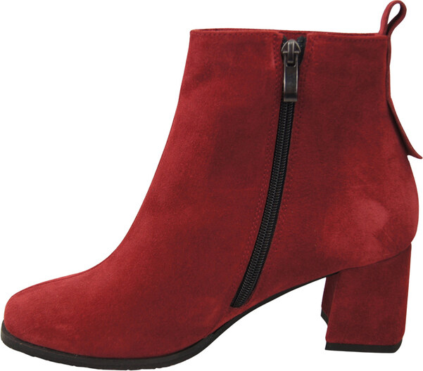Botki Damskie Bordowe ze Skóry Naturalnej Welurowej na Stabilnym Słupku z Zamkiem 224 ElitaBut