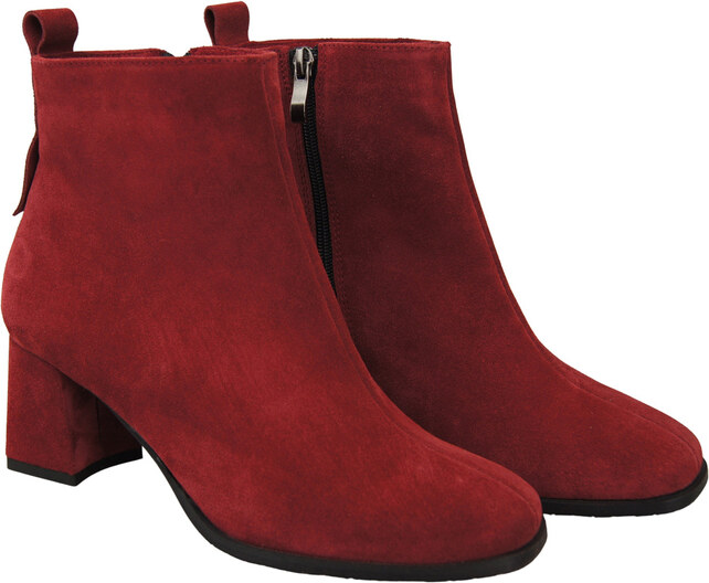 Botki Damskie Bordowe ze Skóry Naturalnej Welurowej na Stabilnym Słupku z Zamkiem 224 ElitaBut