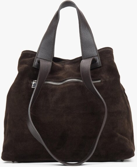 Estro: Ciemnobrązowa torebka typu shopper z włoskiego weluru naturalnego