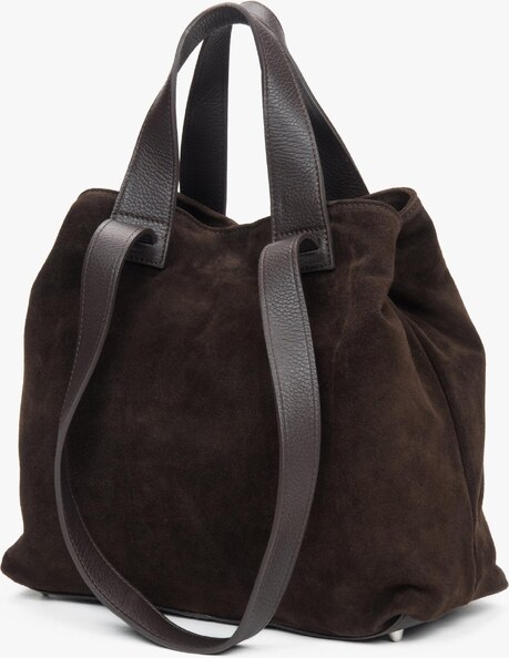 Estro: Ciemnobrązowa torebka typu shopper z włoskiego weluru naturalnego