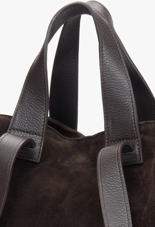 Estro: Ciemnobrązowa torebka typu shopper z włoskiego weluru naturalnego
