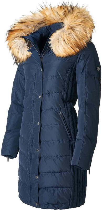 SAKI EVELYN 95 cm - Granatowy puchowy płaszcz z kapturem odpinanym na suwak i sztucznym kołnierzem