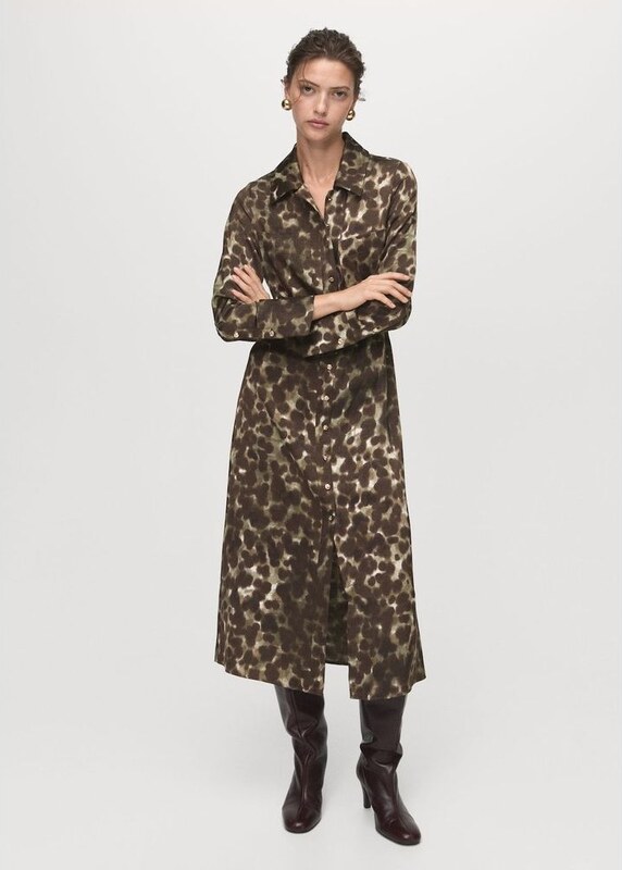 MANGO - Sukienka koszulowa z nadrukiem i paskiem khaki - XS - Kobieta