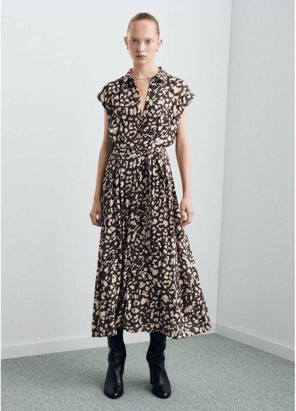 MANGO - Sukienka koszulowa z nadrukiem i paskiem brązowy - S - Kobieta