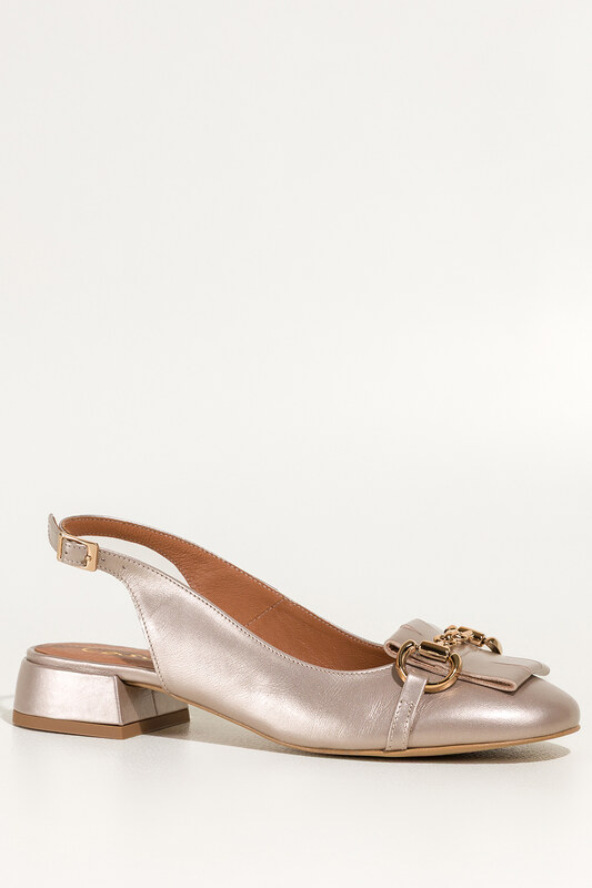 Złote czółenka skórzane damskie na niskim obcasie odkryta pięta złota ozdoba PRODUKT POLSKI Casu 7074-291