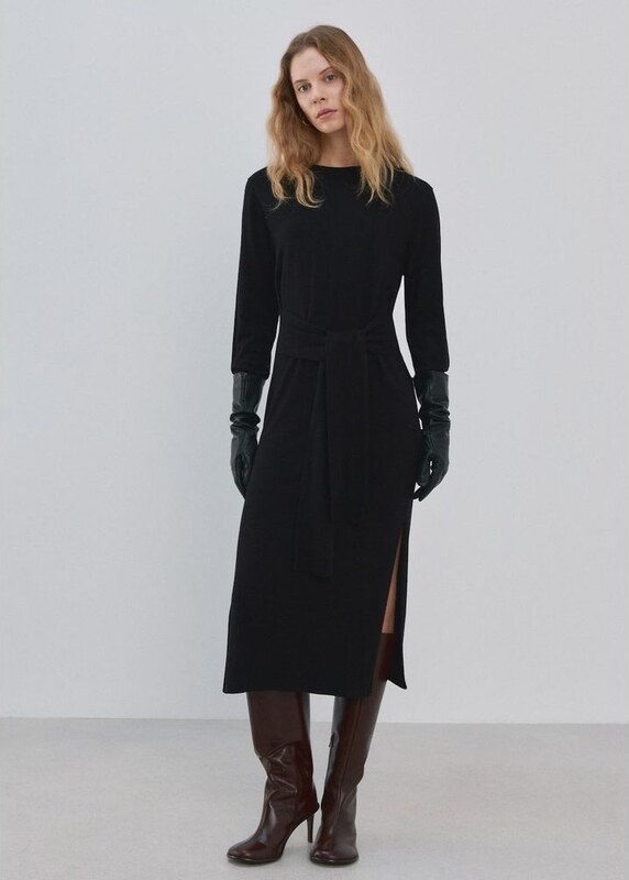 MANGO - Dzianinowa sukienka z węzłem czarny - S - Kobieta