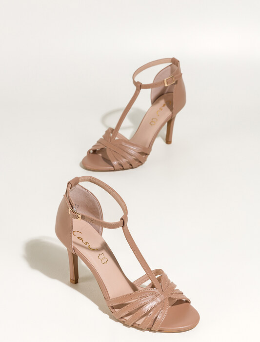 Beżowe sandały skórzane damskie szpilki t-bar z zakrytą piętą PRODUKT POLSKI Casu 7118-794