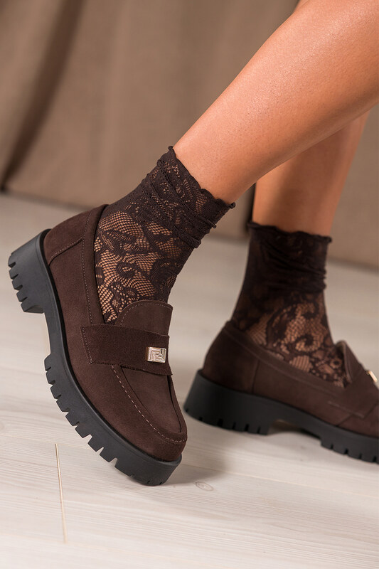 Czekoladowe mokasyny skórzane damskie bieżnikowana czarna platforma złota ozdoba PRODUKT POLSKI Casu 79802