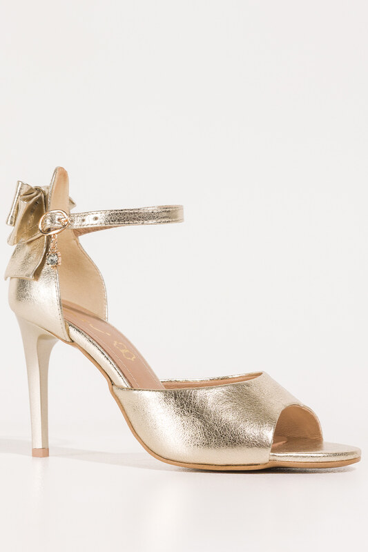 Złote sandały skórzane damskie szpilki z zakrytą piętą pasek wokół kostki ozdoba z kryształkiem kokarda PRODUKT POLSKI Casu 6196