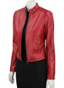 EWA467 - Czerwona skórzana kurtka damska w typie kurtki biker DORJAN