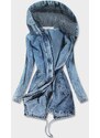 Re-Dress Długa jeansowa damska kurtka z kapturem niebieska (c122)