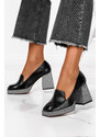 Czarne mokasyny skórzane damskie na ozdobnym klocku PRODUKT POLSKI Casu 09163