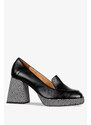 Czarne mokasyny skórzane damskie na ozdobnym klocku PRODUKT POLSKI Casu 09163
