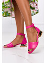 Fuksjowe sandały skórzane damskie na ozdobnym niskim obcasie z zakrytą piętą pasek wokół kostki PRODUKT POLSKI Casu 2143-159