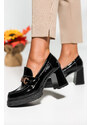 Czarne mokasyny skórzane damskie lakierowane na szerokim klocku ze złotą ozdobą PRODUKT POLSKI Casu 20177