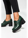 Zielone mokasyny skórzane damskie ze srebrną ozdobą na szerokim klocku PRODUKT POLSKI Casu 20175