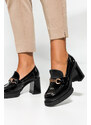 Czarne mokasyny skórzane damskie lakierowane na szerokim klocku ze złotą ozdobą PRODUKT POLSKI Casu 20177