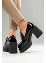 Czarne mokasyny skórzane damskie lakierowane na szerokim klocku złota ozdoba PRODUKT POLSKI Casu 20170-NO