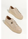 Beżowe sneakersy skórzane damskie buty sportowe na platformie z kłódką sznurowane PRODUKT POLSKI Casu 1145