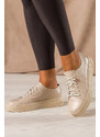 Beżowe sneakersy skórzane damskie buty sportowe na platformie z kłódką sznurowane PRODUKT POLSKI Casu 1145