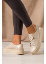 Beżowe sneakersy skórzane damskie buty sportowe na platformie z kłódką sznurowane PRODUKT POLSKI Casu 1145
